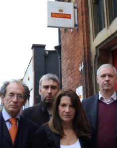 Lynne, Cllrs Richard Wilson and David Schmitz and activist Viv Ross outside Hornsey sorting office